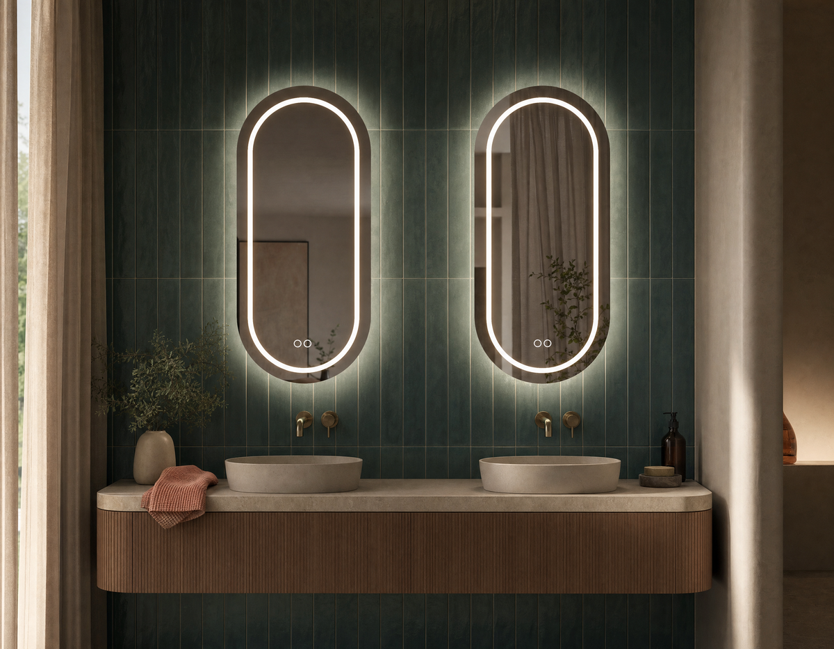 Ovale badkamerspiegel Florence met directe en indirecte verlichting en verwarming