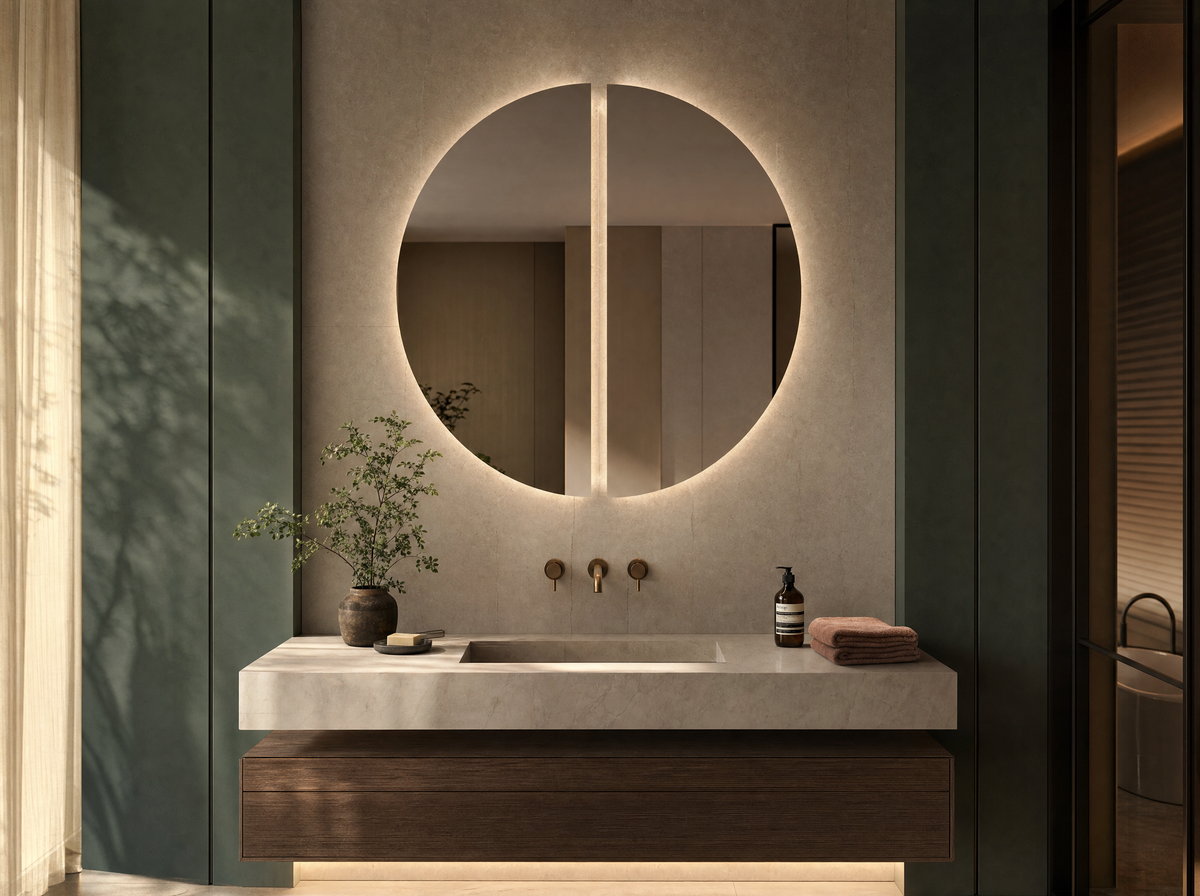 Design badkamerspiegel Genua met twee halve cirkels met verlichting en verwarming