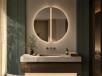 Design badkamerspiegel Genua met twee halve cirkels met verlichting en verwarming