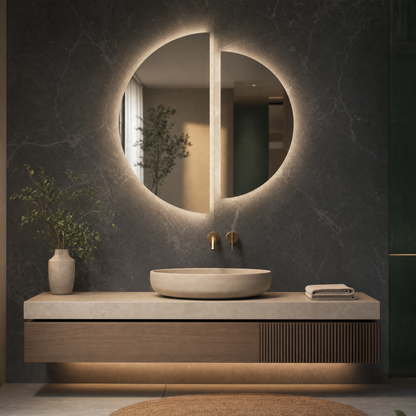Design badkamerspiegel Palermo met dubbele halve cirkels met indirecte verlichting en verwarming